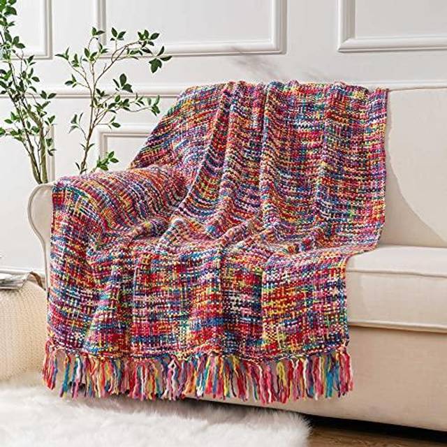 BATTILO HOME Bohemian Throw Blanket with Fringe Decorative Knitted Throw Travel Blanket Nap Throws for Sofas, Armchair, Couch and Bed (125x160cm,