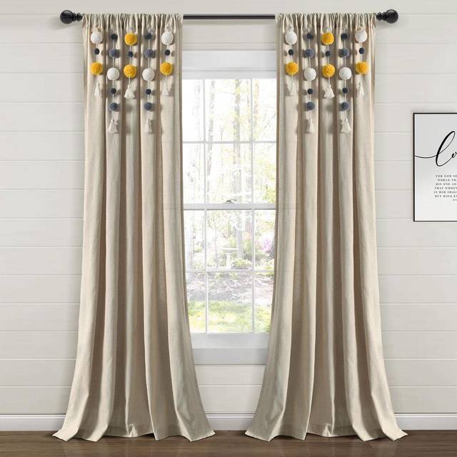 Lush Decor Boho Pom Pom tofs linne fönster gardin panel (enkel panel), 213 cm L x 132 cm B, gul och grå