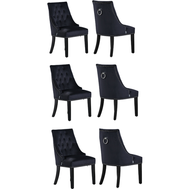 Set of 6 Velvet Dining Chairs Scoop Knockerback & Button Tufted, Solid Wood Legs - Black - One Size