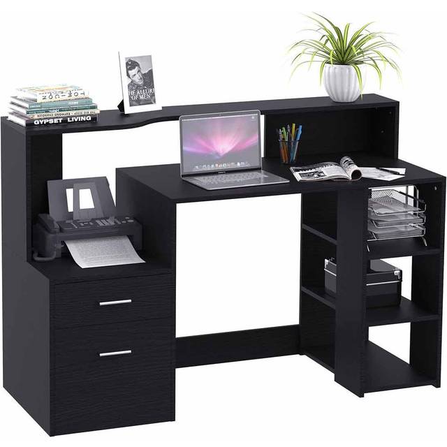 Wooden Computer Desk PC Table Modern Home Office Writing Workstation Furniture Printer Shelf Rack w/ Storage Drawer & Shelves (Black) Executive - CART