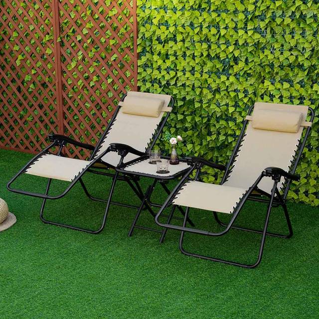 Outsunny 3PC Zero Gravity Chairs Sun Lounger Table Set w/ Cup Holders, Beige