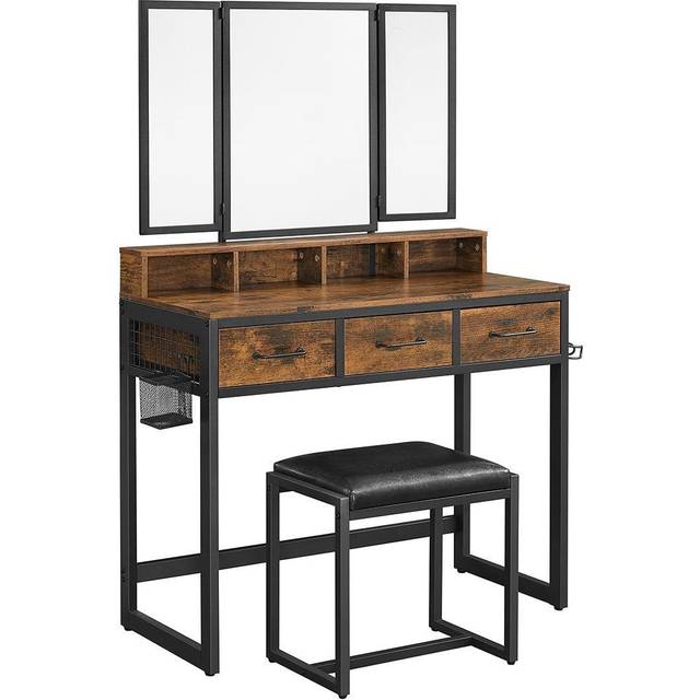 Dressing Table with Tri-Fold Mirror and Stool, Vintage brown-black