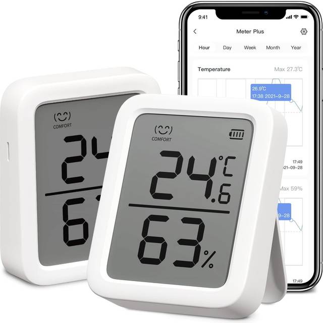 Indoor Thermometer Hygrometer 2 Pack, Indoor Temperature Humidity Sensor with Smart Alert & 68-Day Data Storage, 3In Bluetooth Room Thermometer for