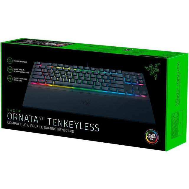Razer Ornata V3 Tenkeyless – kompakt platt speltangentbord (Mecha-membranbrytare, tangentkåpor med anti-UV-beläggning, upplysta separata medietangenter) QWERTZ DE-layout | svart