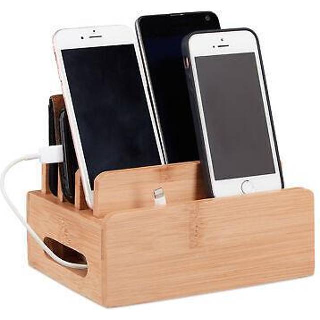 Relaxdays Bambu laddningsstation, skrivbord mobiltelefonhållare f. 6 enheter, kabellåda i trä f. Ordning, HBT 9 x 17 x 13 cm, natur