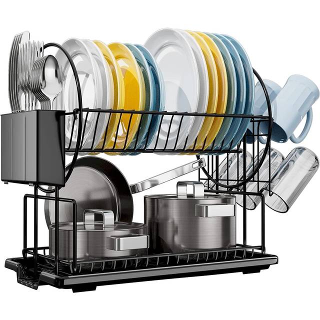 2 Tier Black Dish Drainer Rack with Drip Tray, Stainless Steel Draining Dish Rack drainer with Draining Board and Utensils Holder, Dish Drying Ra