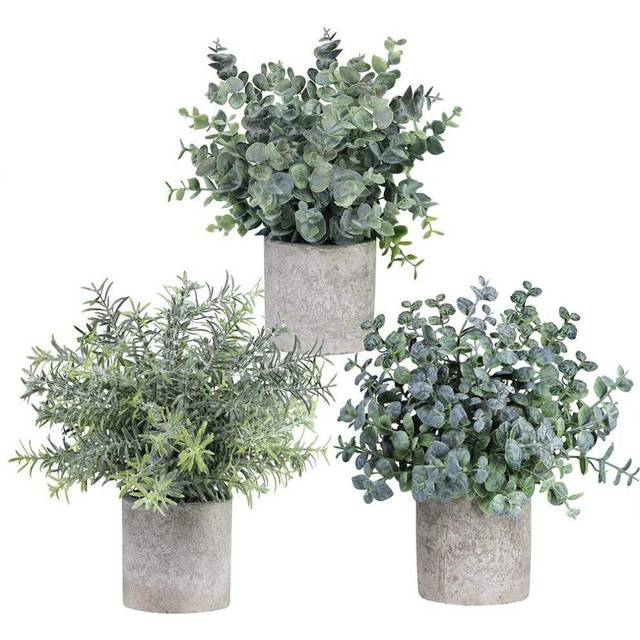 Winlyn Set of 3 Mini Potted Artificial Eucalyptus Plants Plastic Fake Green Rosemary Plant for Home Decor Office Desk Shower Room Decoration