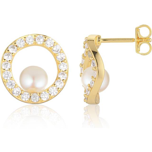 Sif Jakobs Jewellery Ponza Circolo Freshwater Pearl and Cubic Zirconia Round Stud Earrings, Gold