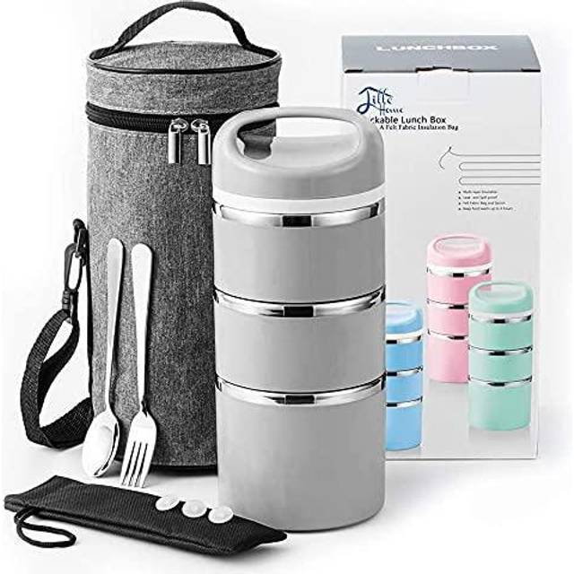 Lille Home 1380ml Stackable Stainless Steel Thermal Compartment Lunch Box, 3-Tier Insulated Bento/Food Container with Upgraded Lunch Bag and Silicone