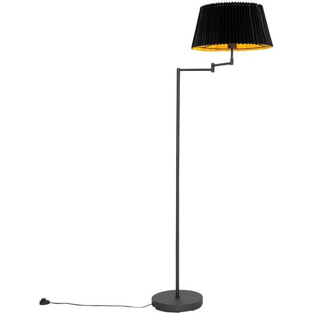 Qazqa - Floor Lamp Black with Black Pleated Lampshade and Adjustable Arm - Ladas Deluxe