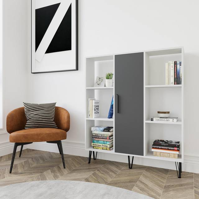Decorotika Peoria Standard Bookcase Bookshelf Shelving Unit Display Unit With Cabinet - White / Anthracite, Multi
