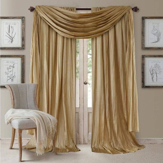 Elrene Home Fashions Athena Faux krossat silke fönstergardin panel och kappset, 132 cm x 274 cm (2 paneler) och 1 Valance, Guld
