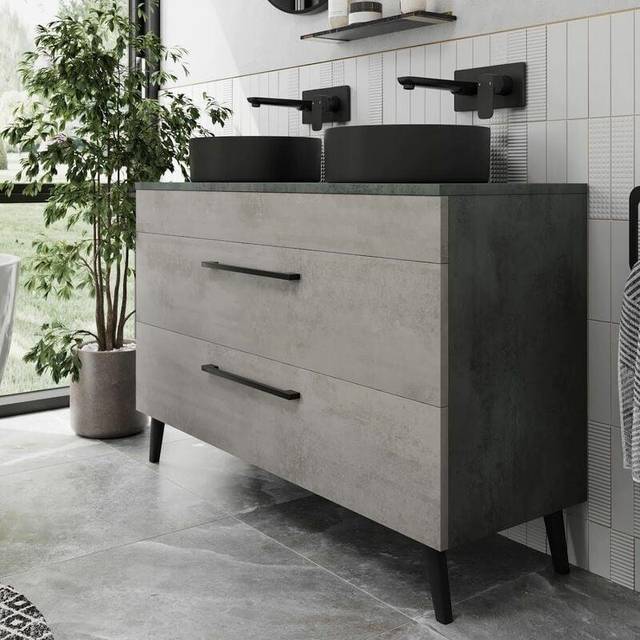 Vitusso Idro Grey Double Countertop Vanity Unit with Lyon Black Basins - 1200mm