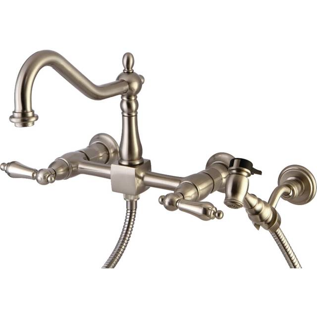 Kingston Brass KS1248ALBS Heritage 8 in. Wall Mount Kitchen Faucet with Brass Sprayer  Brushed Nickel