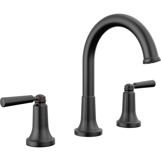 Delta Faucet Matte Black 3Hole Widespread Bathroom Faucet with Diamond Seal Technology  Metal Drain Assembly  3535BLMPUDST