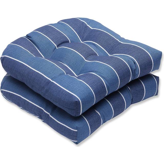 "Pillow Perfect Stripe Indoor/Outdoor Chair Seat Cushion  Tufted  Weather  and Fade Resistant  19"""""""" x 19""""""""  Blue/White Wickenburg  2 Count"