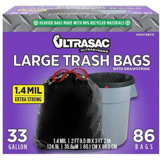 Ultrasac svarta stora kraftiga soppåsar med dragsko, 33 gallon 1,4 MIL, 85 cm x 96 cm – paket med 86 – för hem, kommersiell, konstruktion och utomhus