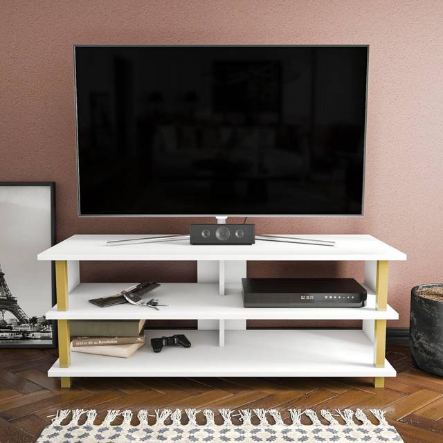 Pueblo Modern TV Unit TV Stand with Shelves - White&Gold