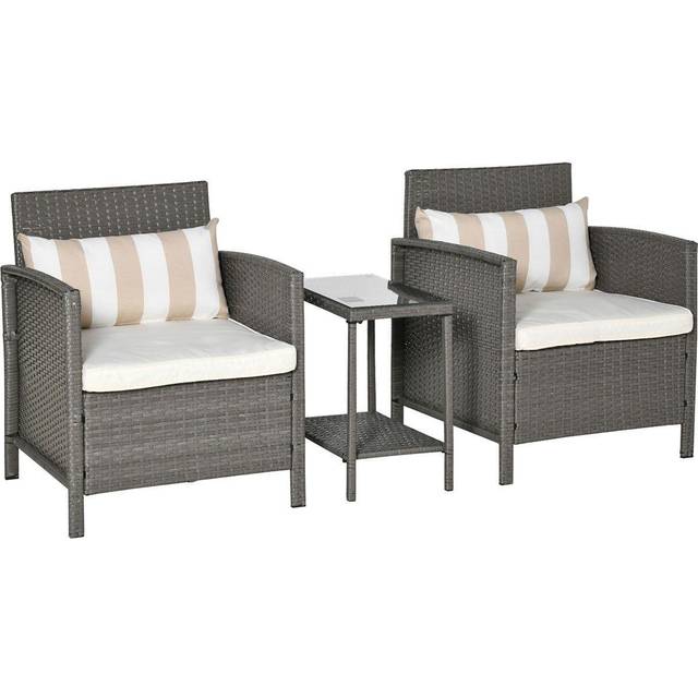 Outsunny 3 PC Outdoor Rattan Sofa Set w/ Chairs Coffee Table Cushion Light Grey | TJ Hughes