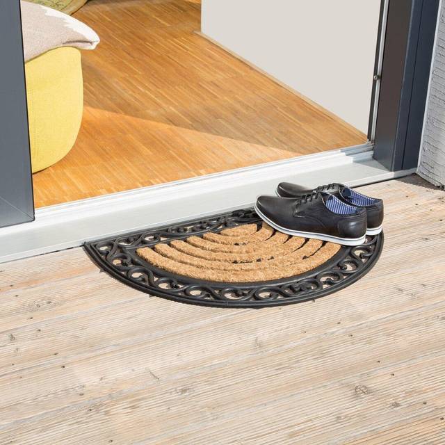 Relaxdays - Coir Doormat Semi-Circle Rubber Floor Mat with Stripes and Floral Pattern, Weather-Proof Welcome Mat Anti-Slip for all Floor Types with