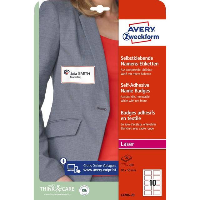 AVERY Zweckform L4786-20 namnetiketter (200 namnklistermärken, 80 x 50 mm på A4, självhäftande, utskrivbara textiletiketter av acetatsilke, avtagbar utan rester) 20 ark, vit med röd kant