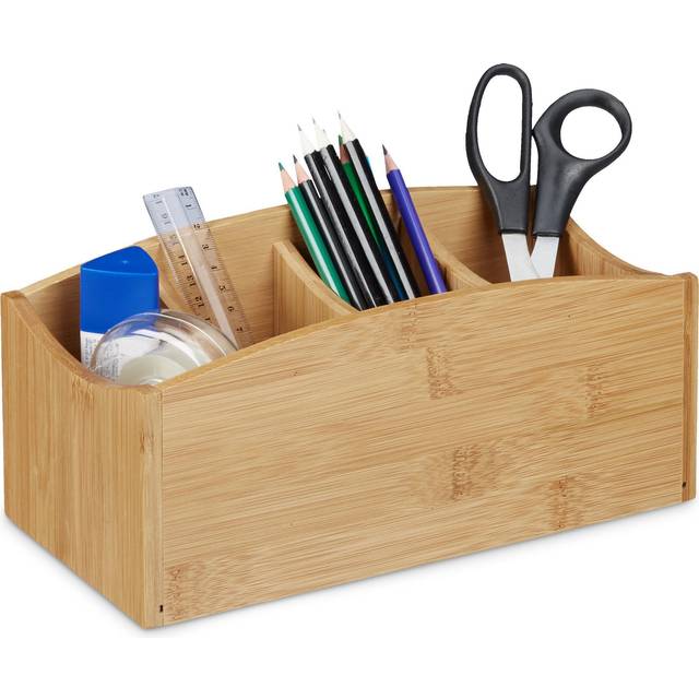 Bamboo Desk Organiser, Pencil Holder with 4 Compartments, Wood Grain, Size: ca 11.5 x 26 x 13 cm, Natural Brown, 13 x 26 x 11.5 cm
