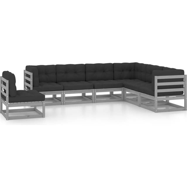Loungegrupp med Dynor 7 delar grå massiv furu