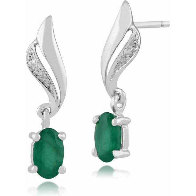 Classic Oval Emerald & Diamond Twist Drop Earrings in 9ct White Gold