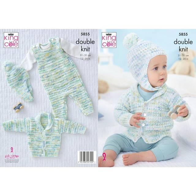 King cole baby dk knitting pattern dungarees jacket & hat (5855)