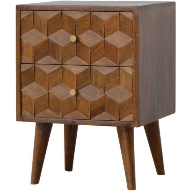 Artisan Chestnut Cube Carved Bedside Table