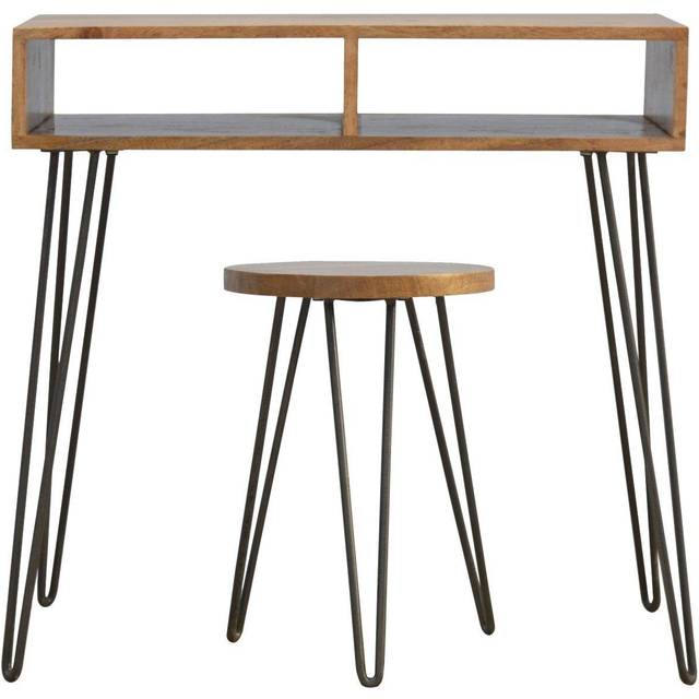 Artisan Solid Wood & Iron Base Writing Desk with Stool