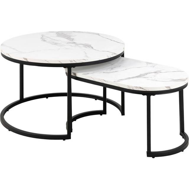 AC design möbler Spencer soffbord set om 2 för vardagsrum, vardagsrumsbord i vitt marmorutseende med svart metallram, soffbord, vardagsrumsset, satsbord runt