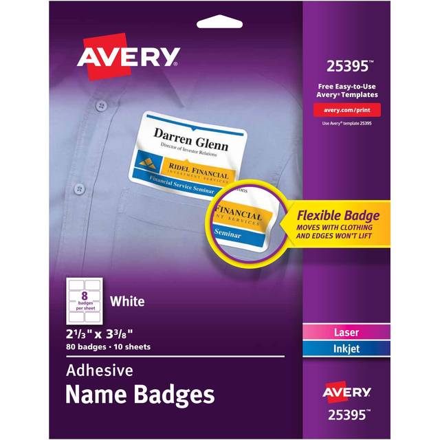 "Avery Flexible Printable Name Tags  2-1/3"""""""" x 3-3/8""""""""  Matte White  80 Removable Name Badges (25395)"