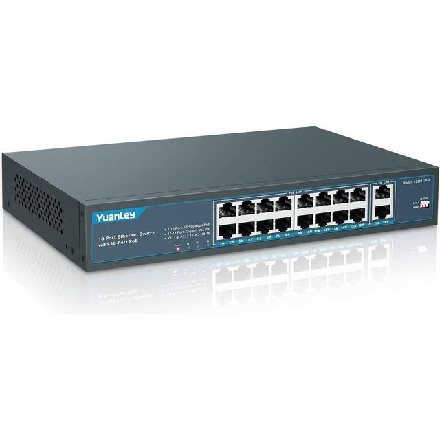 YuanLey 18 Port PoE Switch, 16 PoE+ Port 100Mbps, 2 Uplink Gigabit, 250W Built-in Power, 802.3af/at, Rackmount Unmanaged Plug and Play