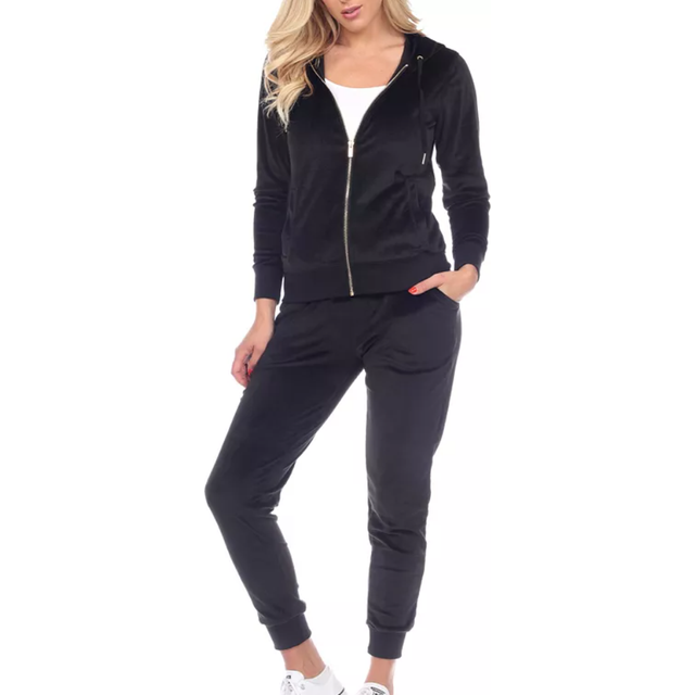 White Mark 2121-01-M Velour Tracksuit Set, Black - Medium - 2 Piece