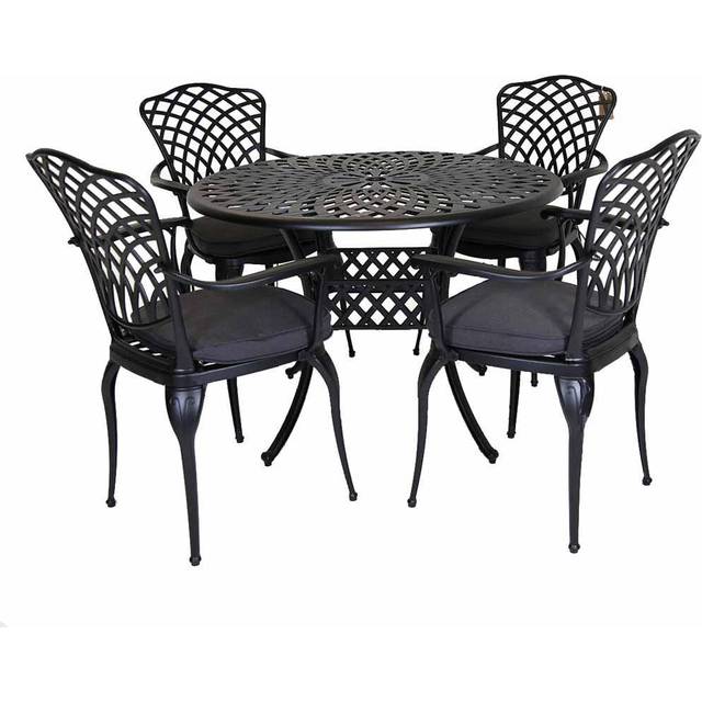 Charles Bentley Cast Aluminium Dining Round Table and 4 Chairs Set in Black Outdoor Table with Dark Grey Cushions