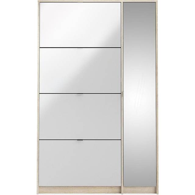 Shoes Shoe Cabinet W. 4 Tilting Doors And 2 Layers + 1 Mirror Door Oak Structure