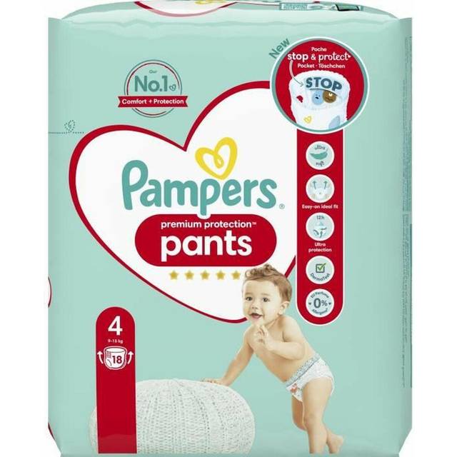 Pampers 18 blöjor babyblöjor, storlek 4 (9–15 kg) premiumskydd, maxi-skydd med skydds- och stopppåse