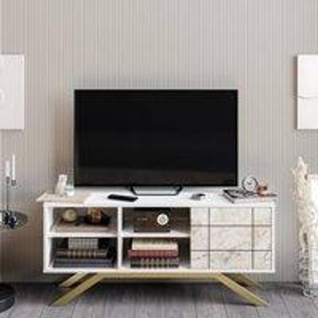 Decorotika North 130 Cm Tv Unit Tv Stand Tv Console With Open Shelves And Cabinet - White And White Marble Effect And Gold, Multi