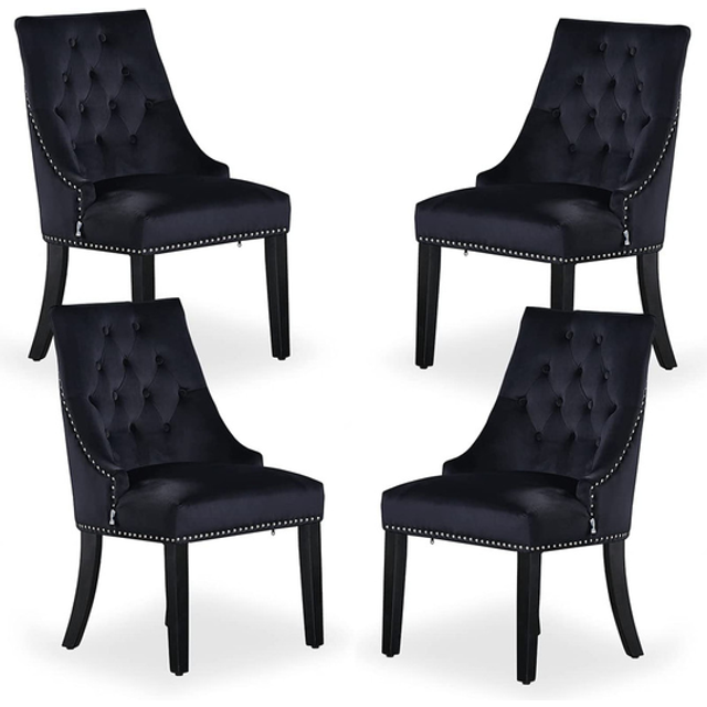 Life Interiors Set Of 4 Windsor Knocker Back Dining Chairs Velvet For Dining Room Kitchen Restaurant Office, Black, Black