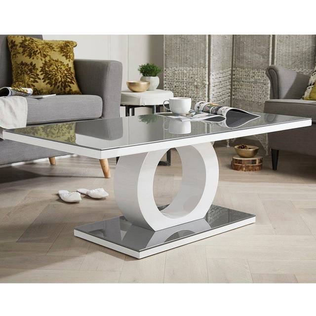 Giovani Rectangular White High Gloss Coffee Table with Glass Top and Unique Halo Structural Plinth Base Design - Grey - One Size