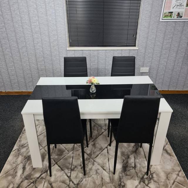 Kosy Koala Dining Table And 4 Chairs White Black Wood 4 Leather Black Chairs Dining Room, Multi
