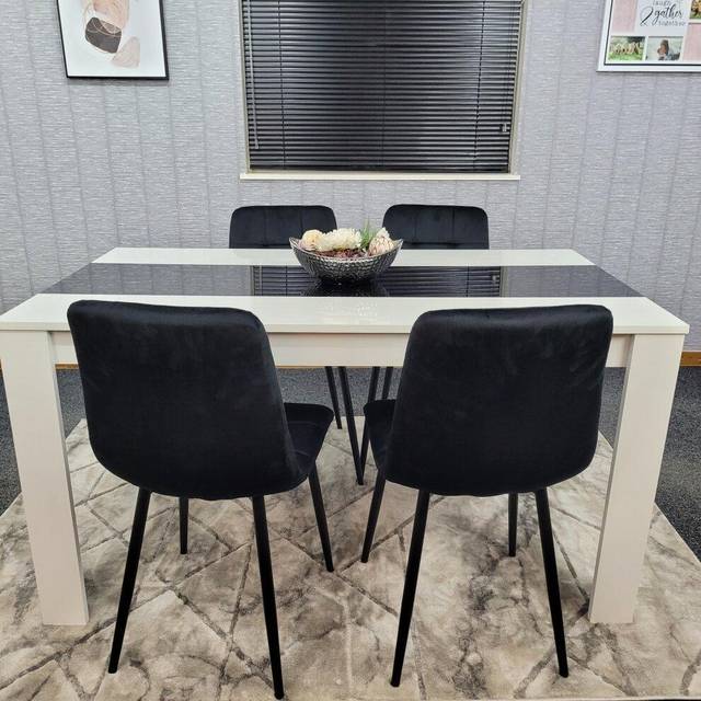 Portland Velvet and Wood 4 Seater Dining Set White and Black - White Black