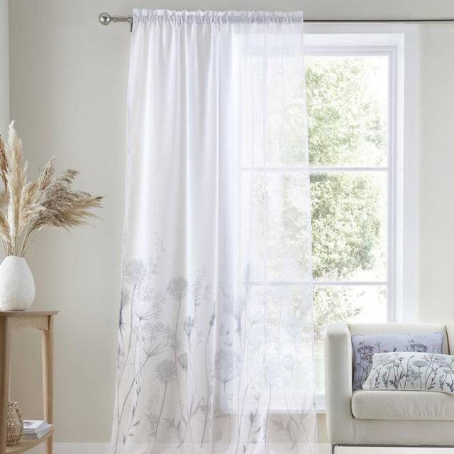 Catherine Lansfield Meadowsweet Floral Tab Top Sheer Curtain Panel - White