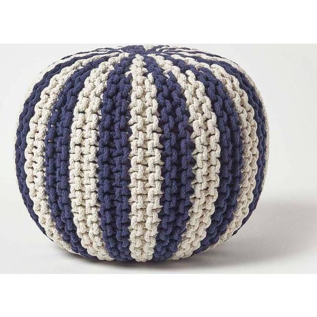 HOMESCAPES Navy and Off White Knitted Pouffe Striped Footstool 35 x 40cm - Bleu