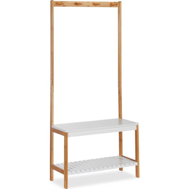 Relaxdays Klädstativ med skoställ, 4 klädkrokar, hylla, bambu och MDF, HWD 150 x 70,5 x 30 cm, naturvit