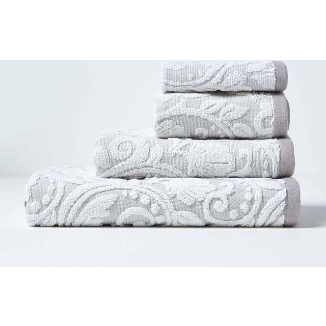 Homescapes Beige Bath Towel 600 GSM Cotton with White Damask Pattern - Natural