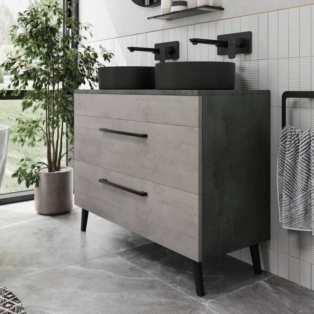 Vitusso Idro Grey Double Countertop Vanity Unit with Lyon Black Basins - 1000mm