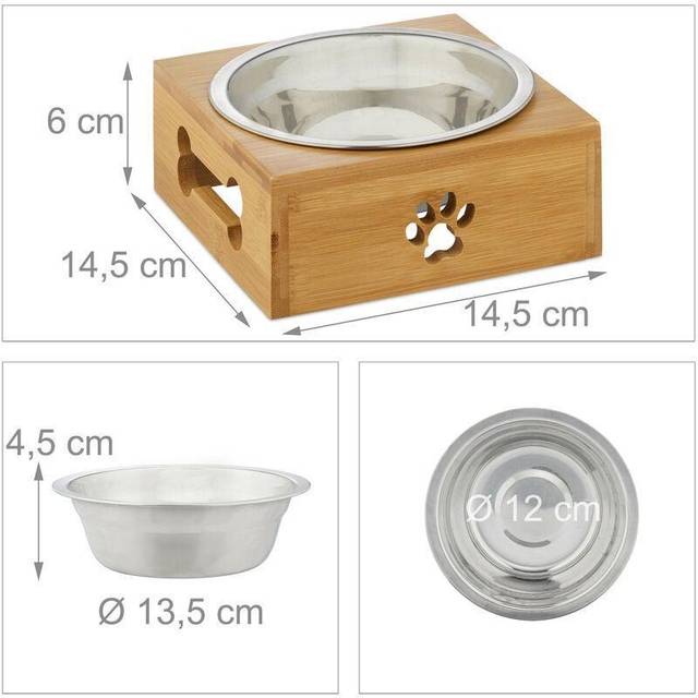 Relaxdays Hundskål, 400 ml, för mat och vatten, Rostfri Matskål med bamburam, H x B x D: 6 x 14,5 x 14,5 cm, silver/natur