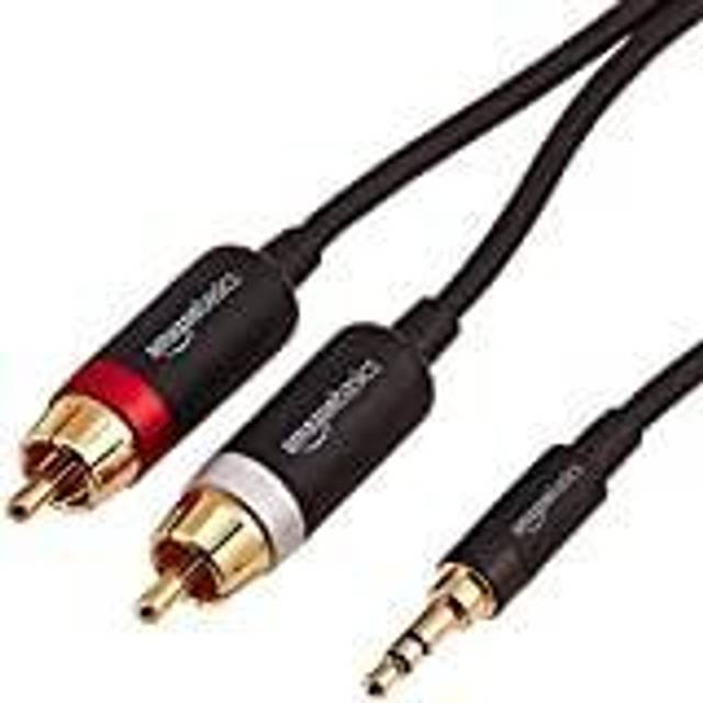 Amazon Basics Adapter Till Ljudkabel 3,5 AUX Till 2 RCA, För Förstärkare, Aktiva Högtalare Med Guldpläterade Kontakter, Svart, 2,4 m